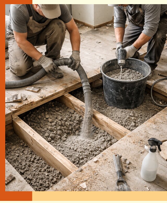 Заполнение пустот пола в Кумертау полиуретаном и пенополистиролом