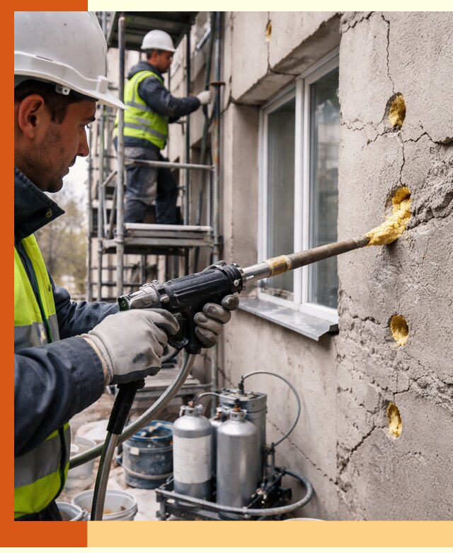 Заполнение пустот в фасаде и утепление стен в Кумертау